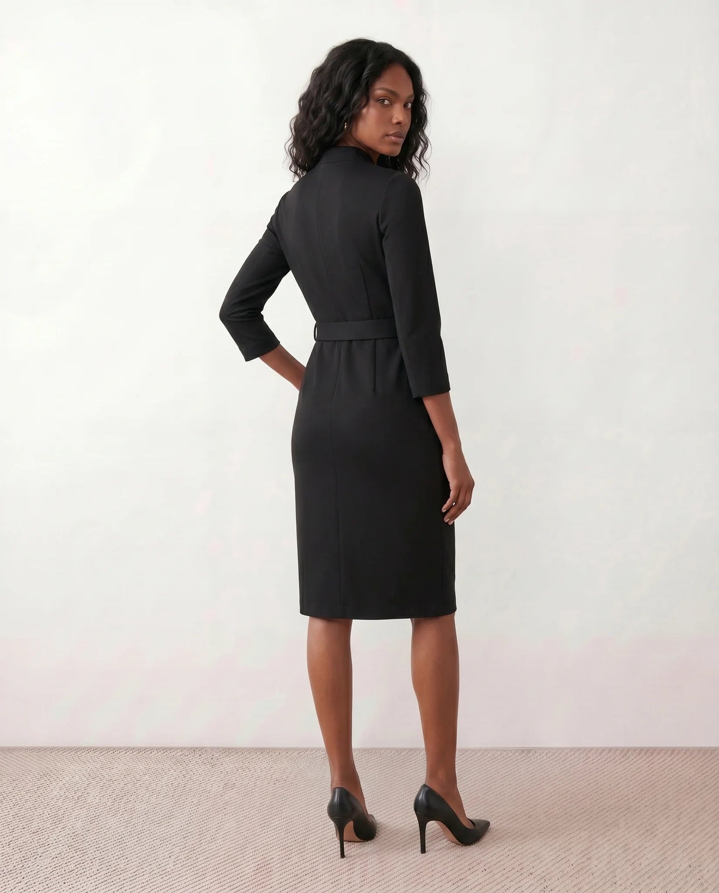 Victoire | Belted V-Neck Pencil Knee Dress