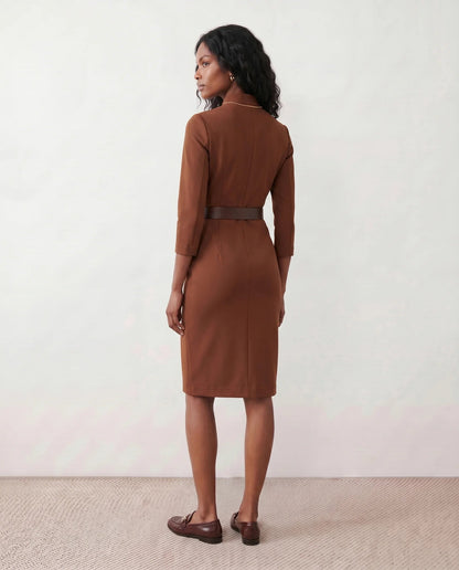 Victoire | Belted V-Neck Pencil Knee Dress