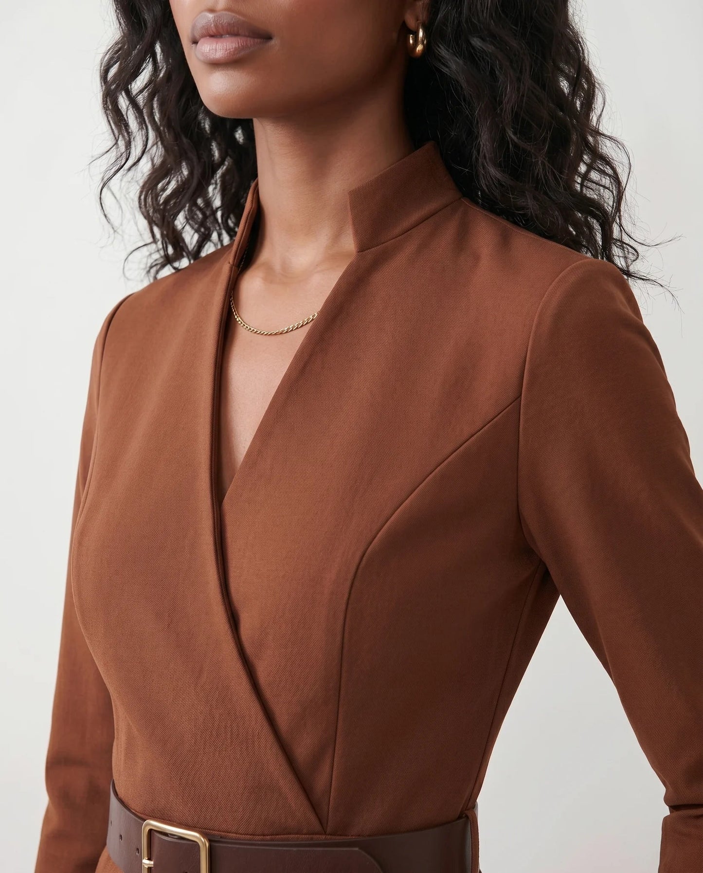 Victoire | Belted V-Neck Pencil Knee Dress