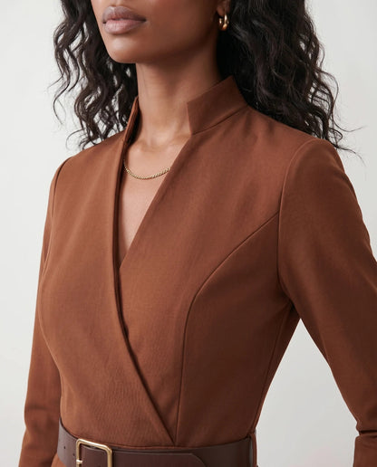 Victoire | Belted V-Neck Pencil Knee Dress