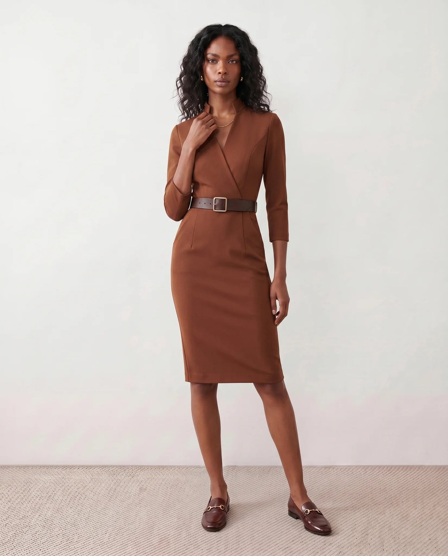 Victoire | Belted V-Neck Pencil Knee Dress