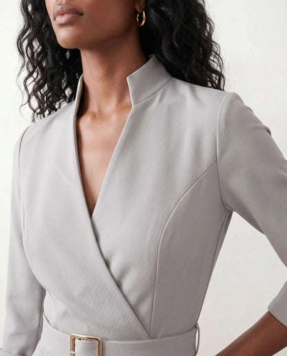 Victoire | Belted V-Neck Pencil Knee Dress