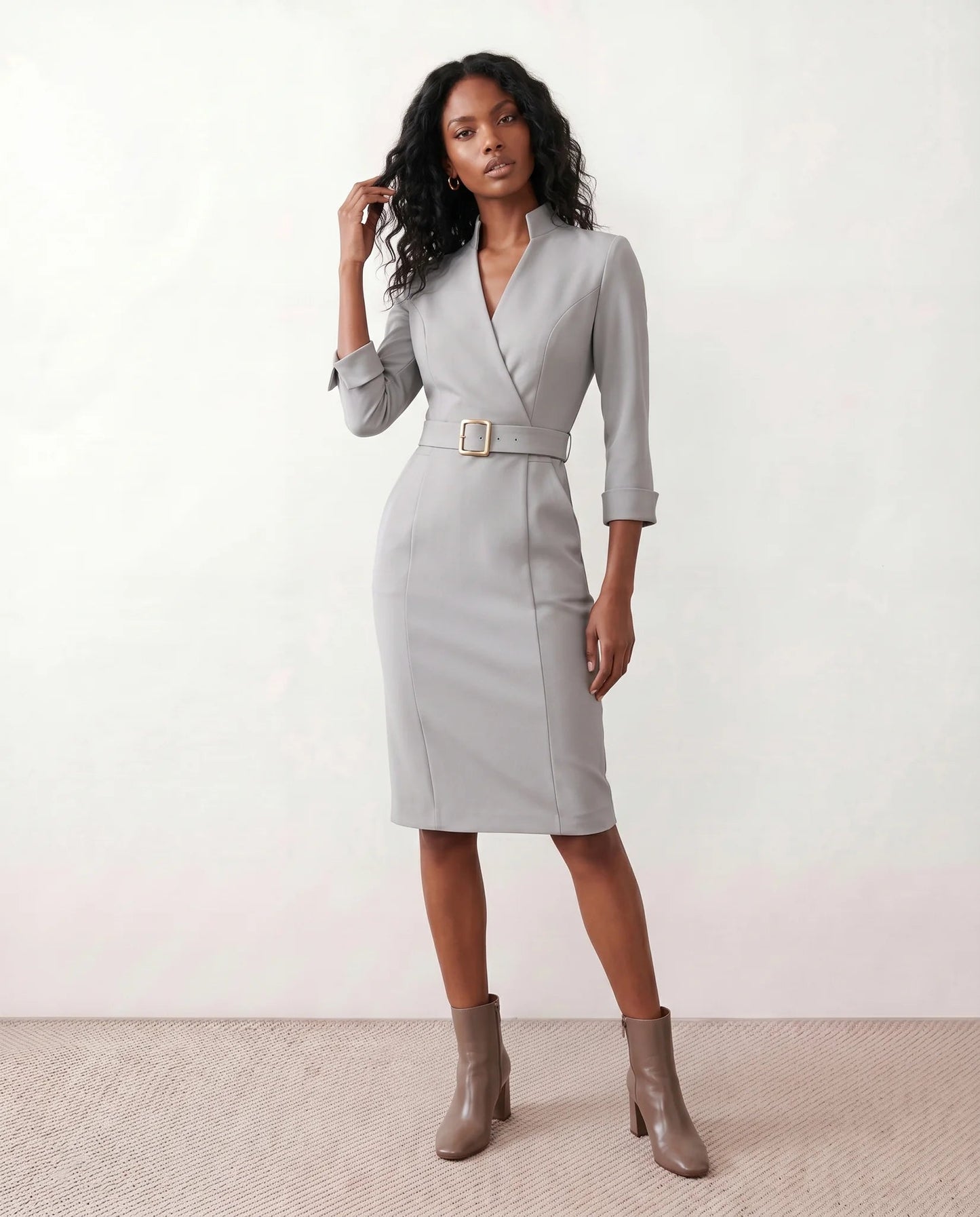 Victoire | Belted V-Neck Pencil Knee Dress
