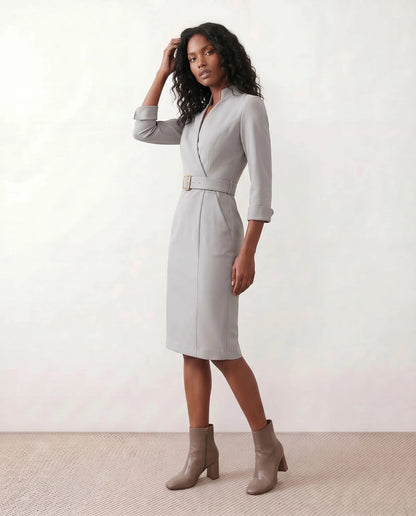 Victoire | Belted V-Neck Pencil Knee Dress
