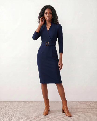 Victoire | Belted V-Neck Pencil Knee Dress