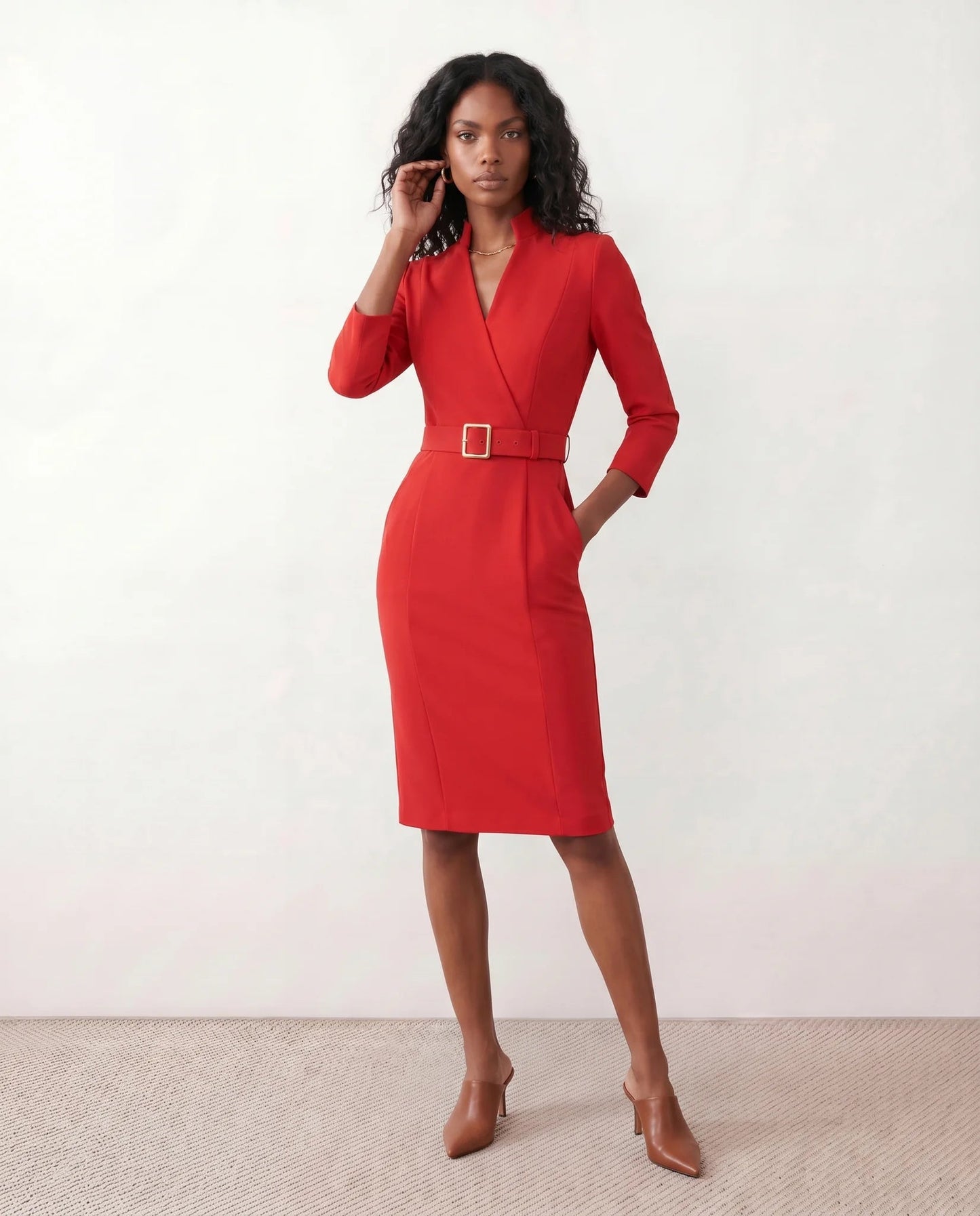 Victoire | Belted V-Neck Pencil Knee Dress