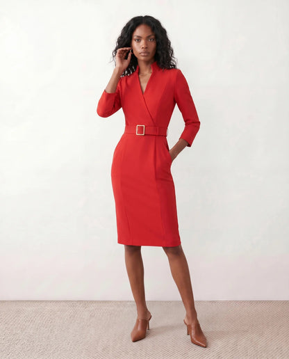 Victoire | Belted V-Neck Pencil Knee Dress