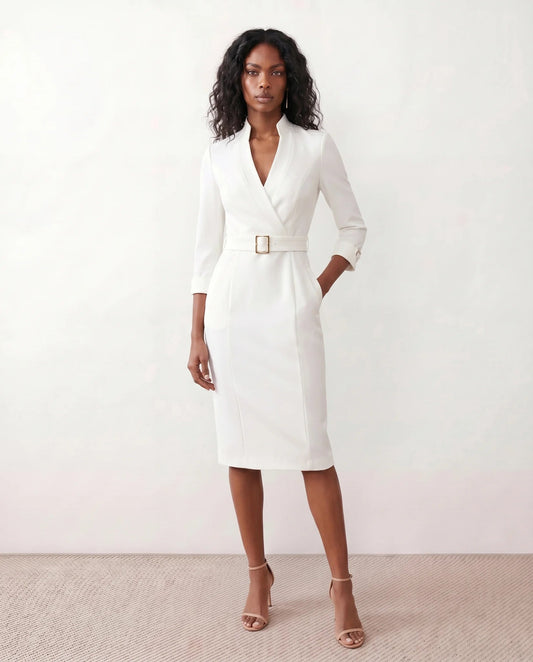 Victoire | Belted V-Neck Pencil Knee Dress