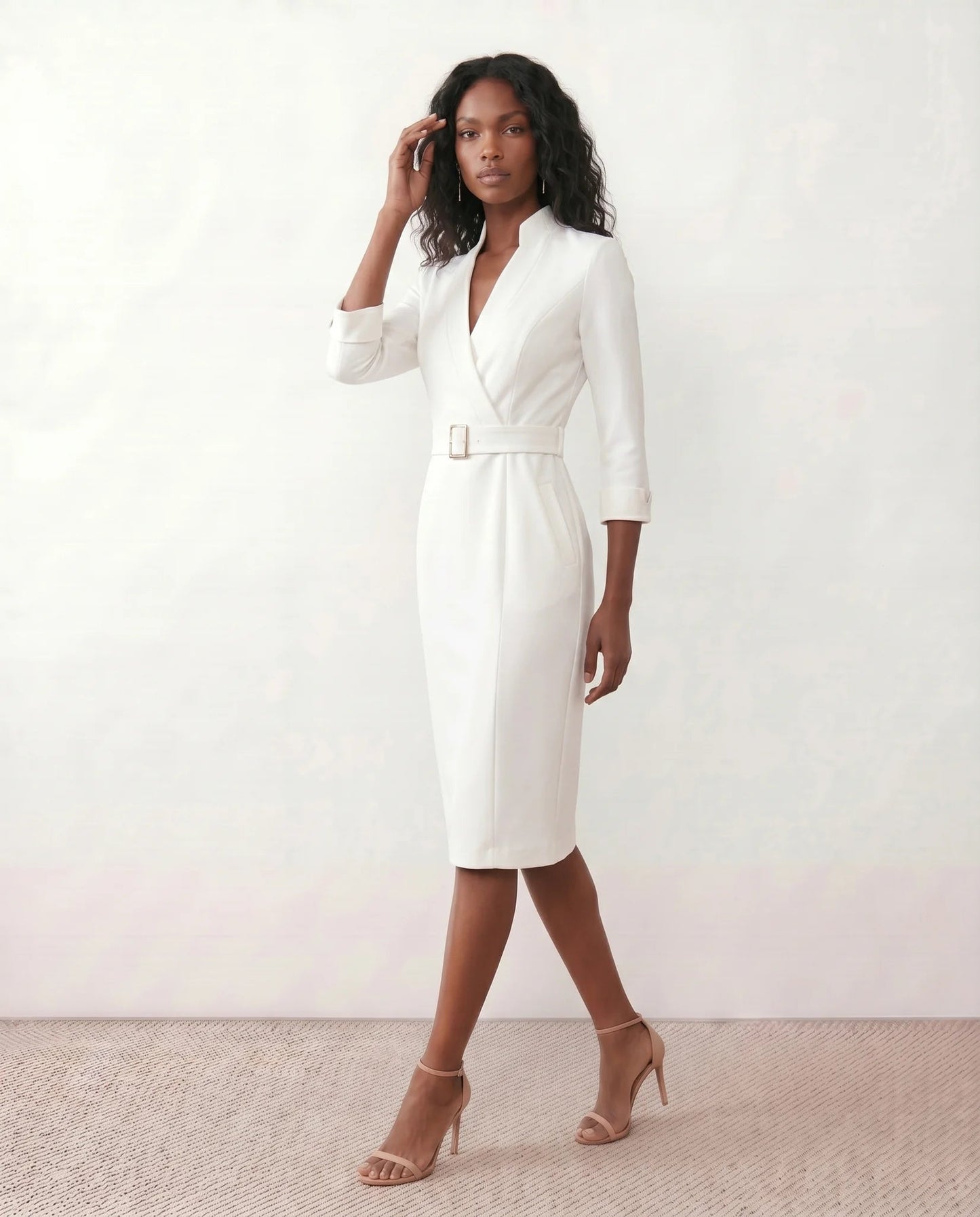 Victoire | Belted V-Neck Pencil Knee Dress