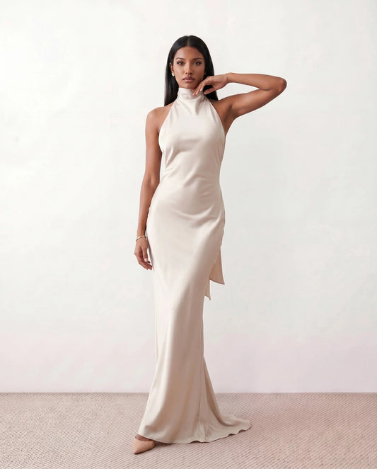 Saoirse | Satin Halter Open-Back Maxi Dress