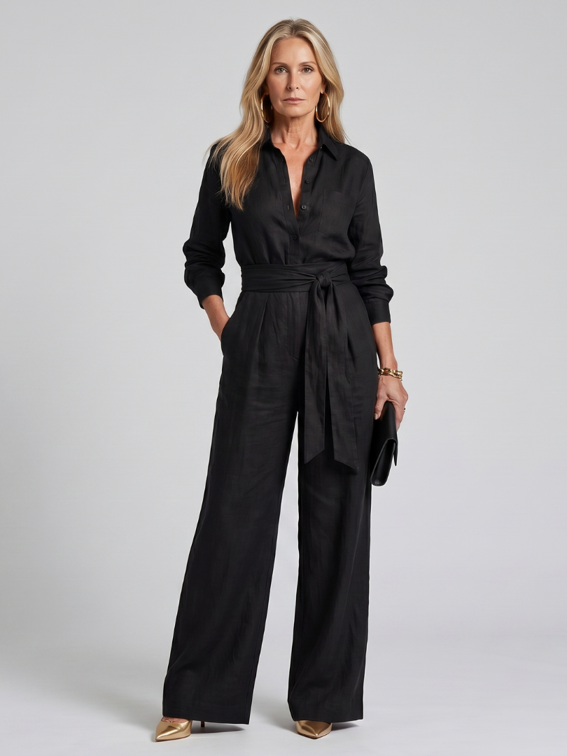Victorine | Long Sleeve Button-Front Wide-Leg Jumpsuit
