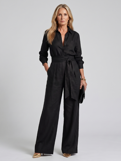 Victorine | Long Sleeve Button-Front Wide-Leg Jumpsuit