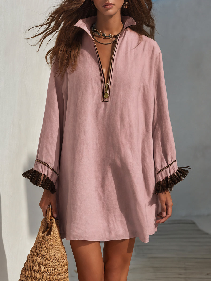 Colette | Stand Collar Zip-Front Linen Blend Mini Dress