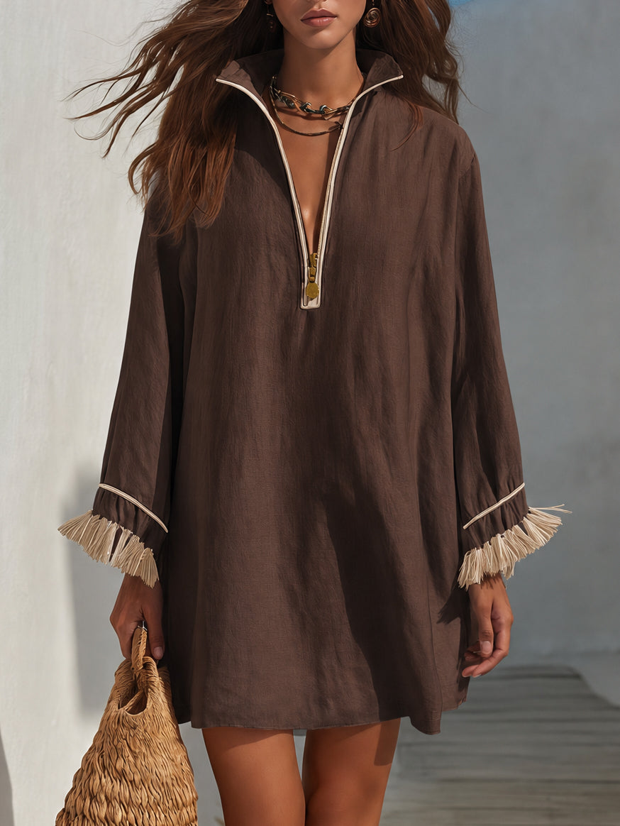Colette | Stand Collar Zip-Front Linen Blend Mini Dress