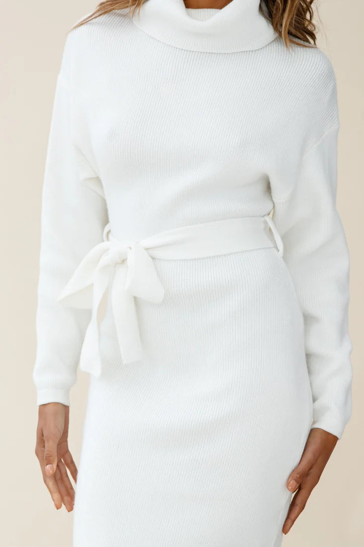 Lena | Belted Turtleneck Knit Midi Dress