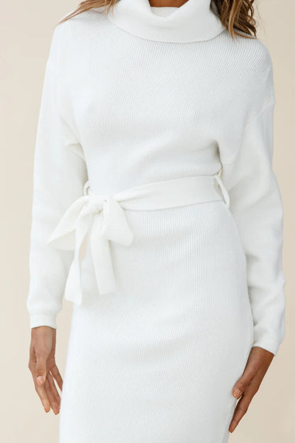 Lena | Belted Turtleneck Knit Midi Dress