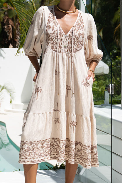 Sylvie | Embroidered Balloon Sleeve Midi Dress