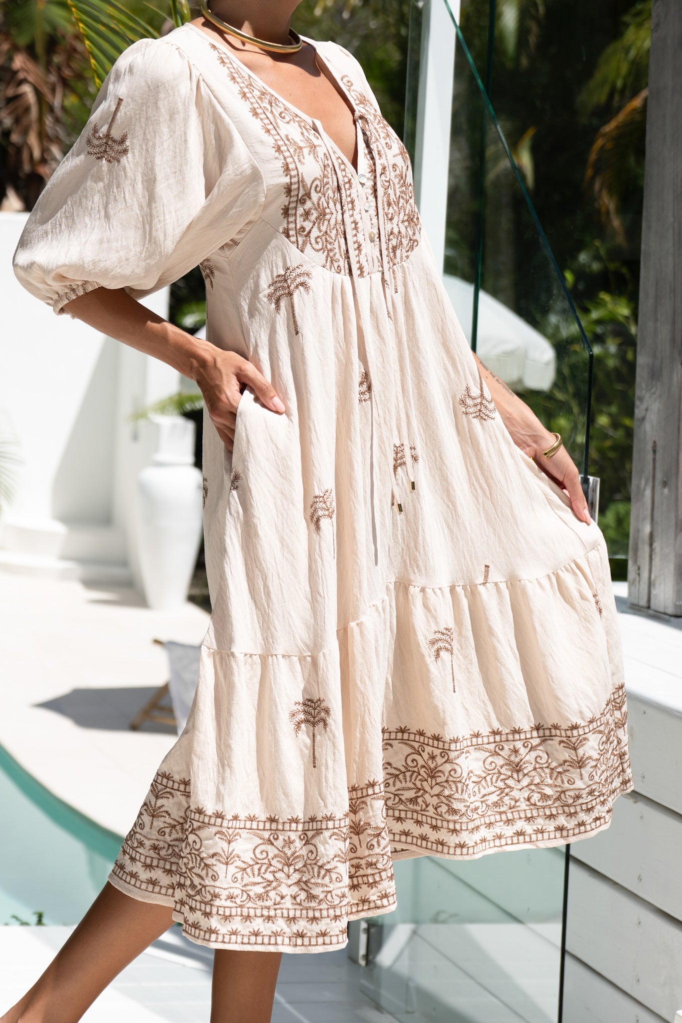 Sylvie | Embroidered Balloon Sleeve Midi Dress