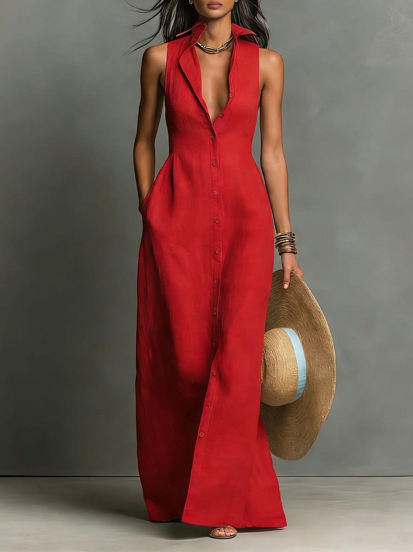 Margaux | Classic Collar Linen Maxi Shirt Dress