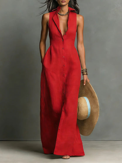 Margaux | Classic Collar Linen Maxi Shirt Dress
