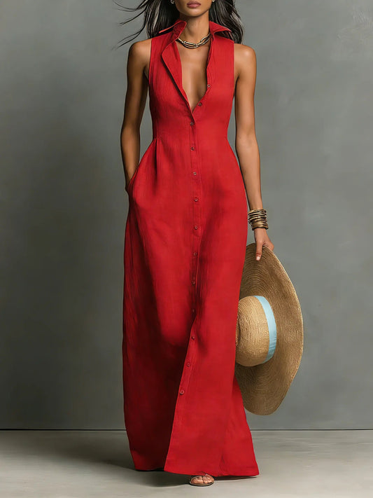 Margaux | Classic Collar Linen Maxi Shirt Dress