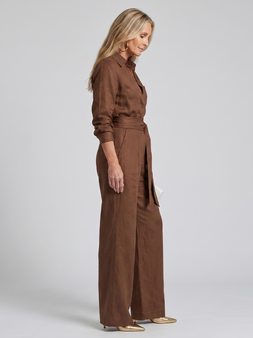 Victorine | Long Sleeve Button-Front Wide-Leg Jumpsuit