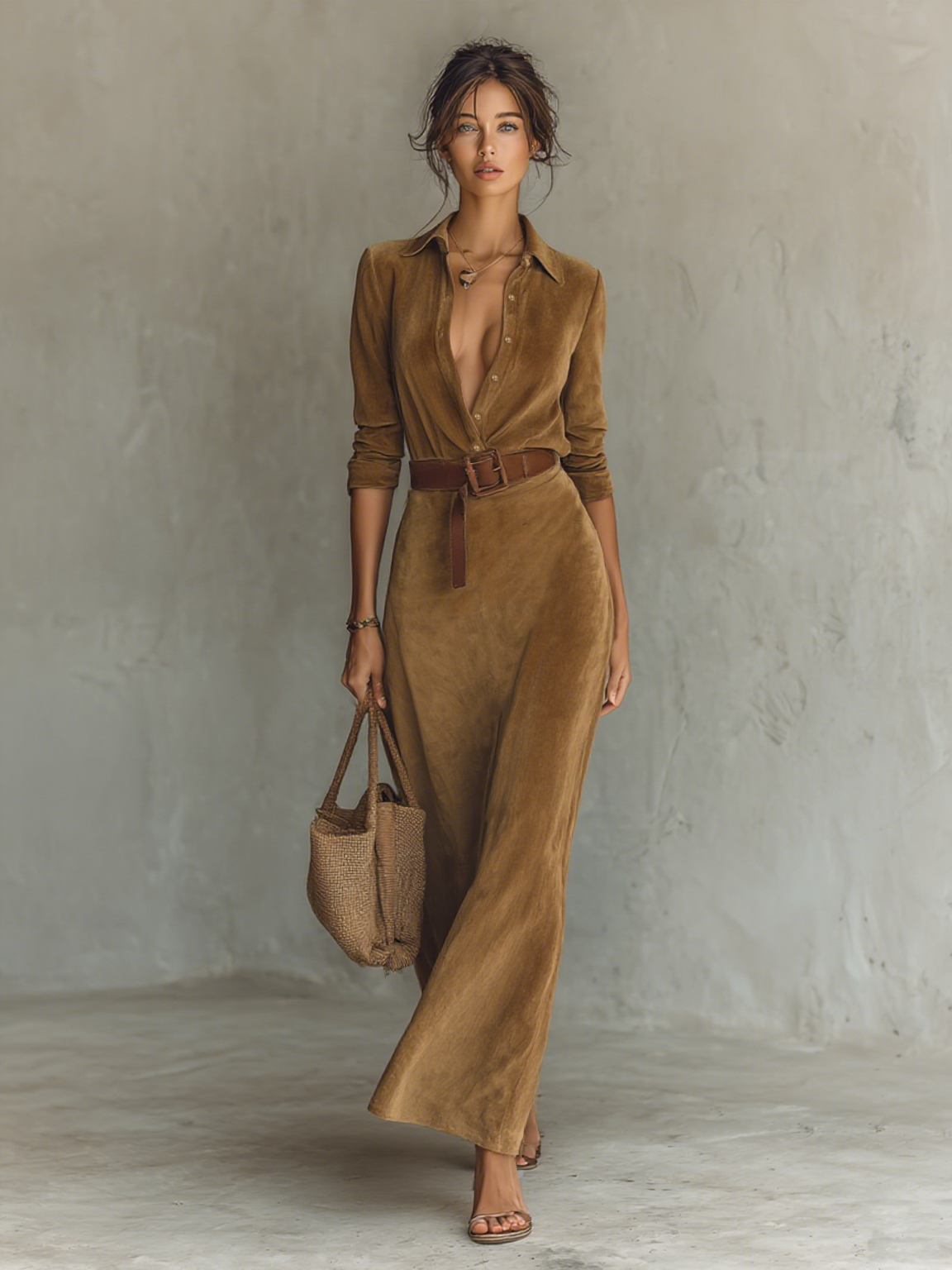 Suvera | Belted Suede Maxi Dress with Lapel Collar