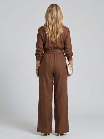 Victorine | Long Sleeve Button-Front Wide-Leg Jumpsuit