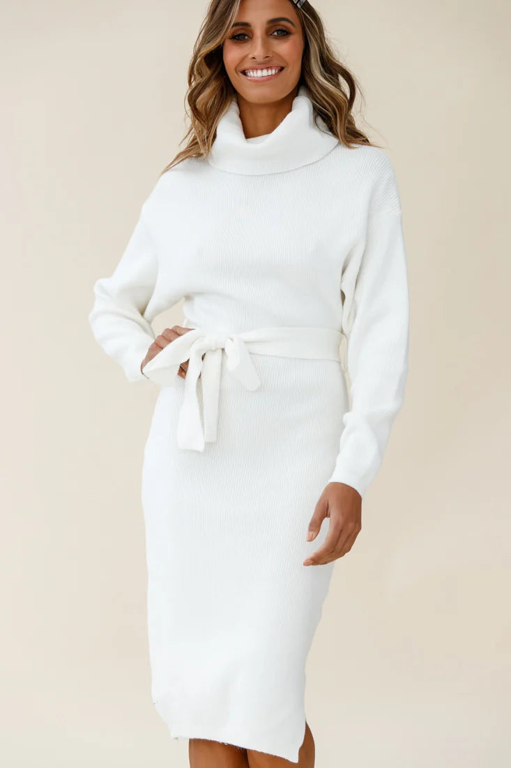 Lena | Belted Turtleneck Knit Midi Dress