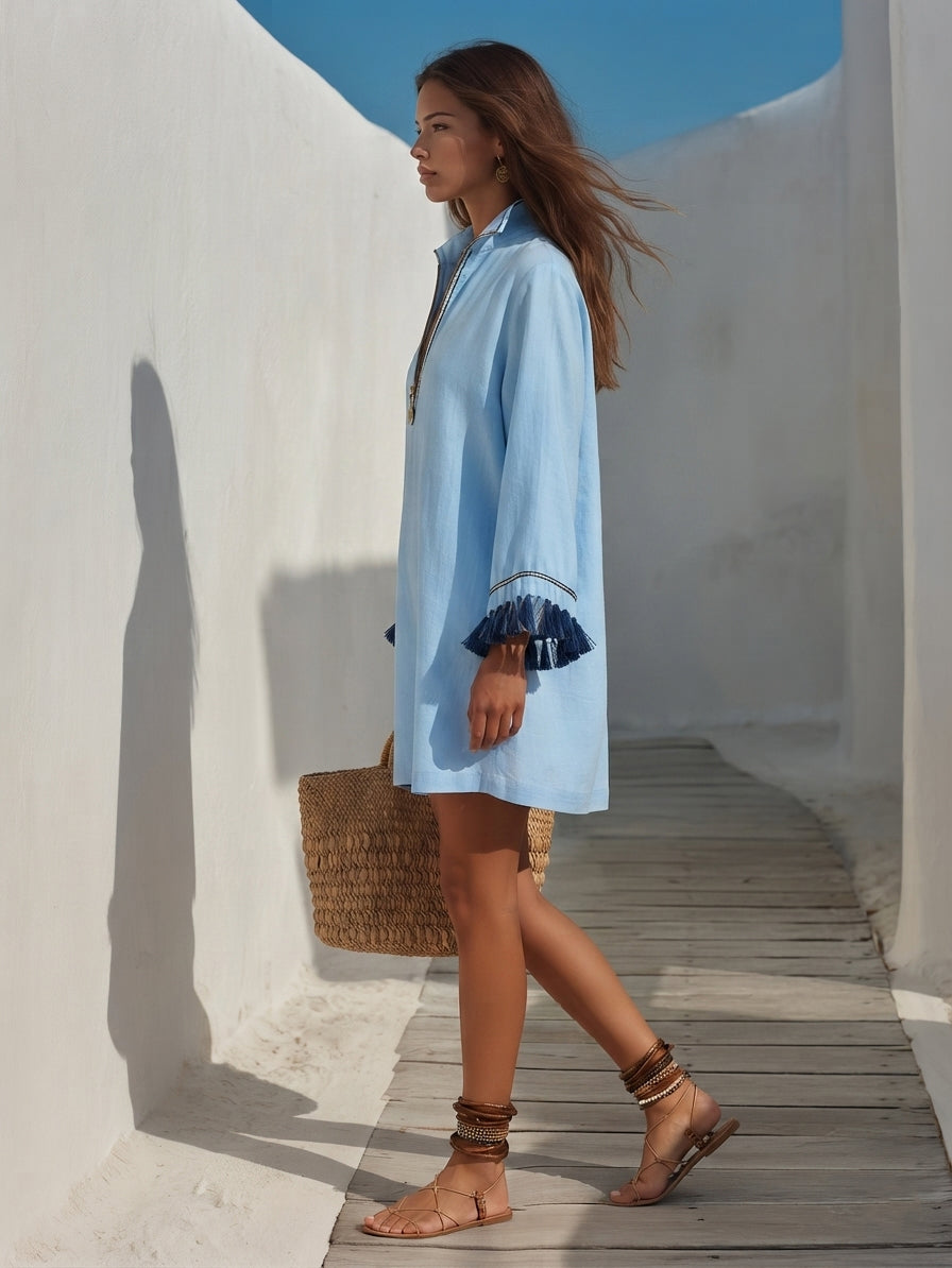 Colette | Stand Collar Zip-Front Linen Blend Mini Dress