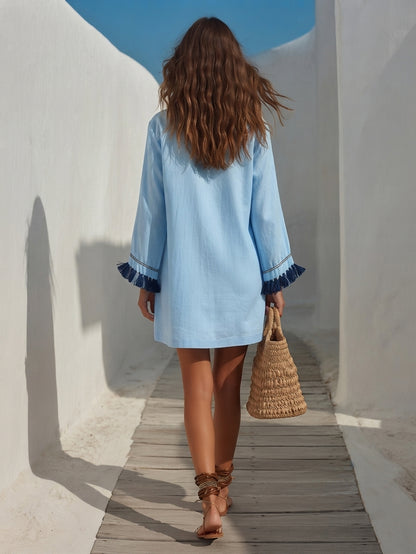 Colette | Stand Collar Zip-Front Linen Blend Mini Dress