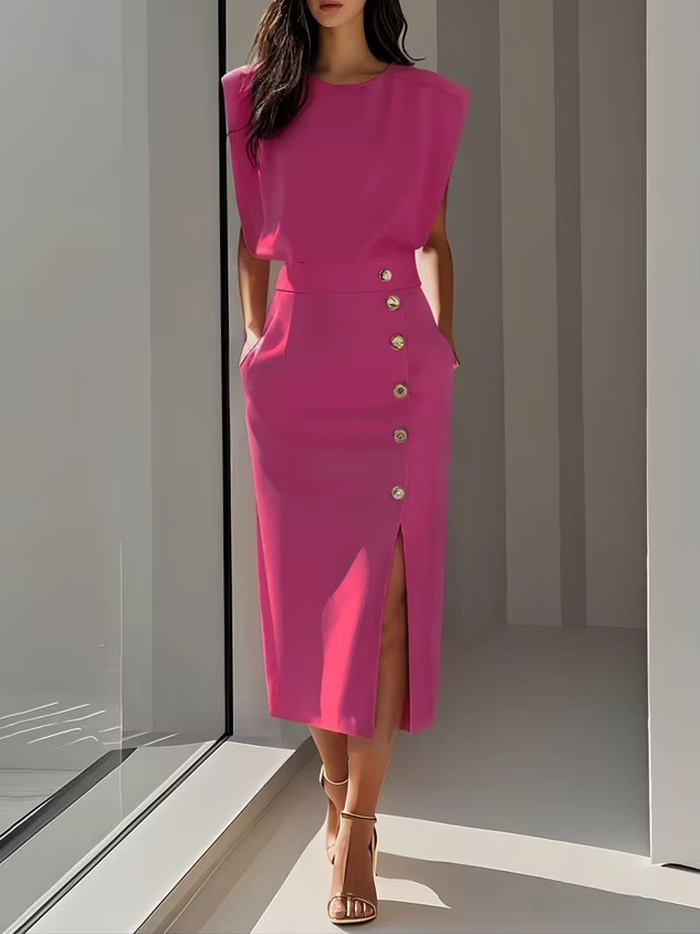Oriane | Shoulder Pad High Waist Slit Midi Dress