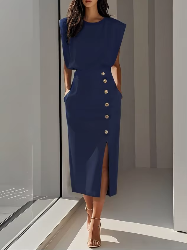 Oriane | Shoulder Pad High Waist Slit Midi Dress