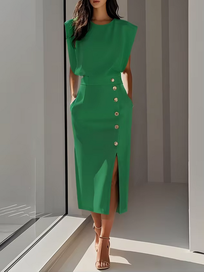 Oriane | Shoulder Pad High Waist Slit Midi Dress