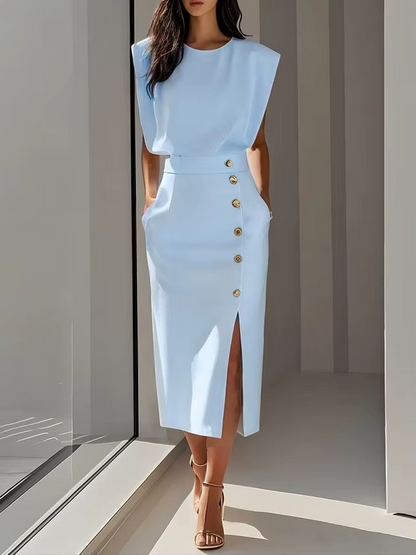 Oriane | Shoulder Pad High Waist Slit Midi Dress
