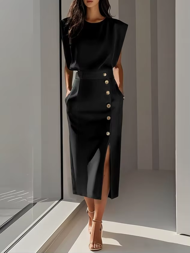 Oriane | Shoulder Pad High Waist Slit Midi Dress
