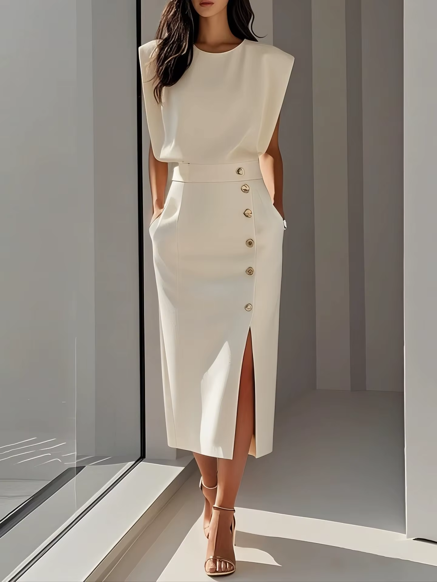 Oriane | Shoulder Pad High Waist Slit Midi Dress