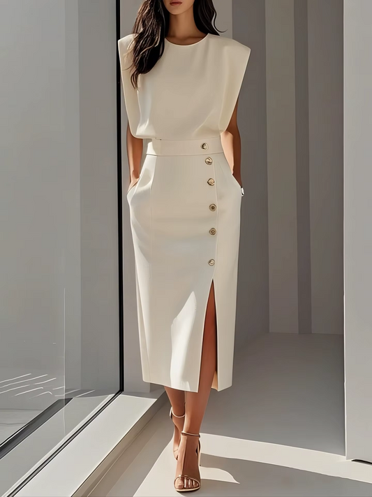Oriane | Shoulder Pad High Waist Slit Midi Dress