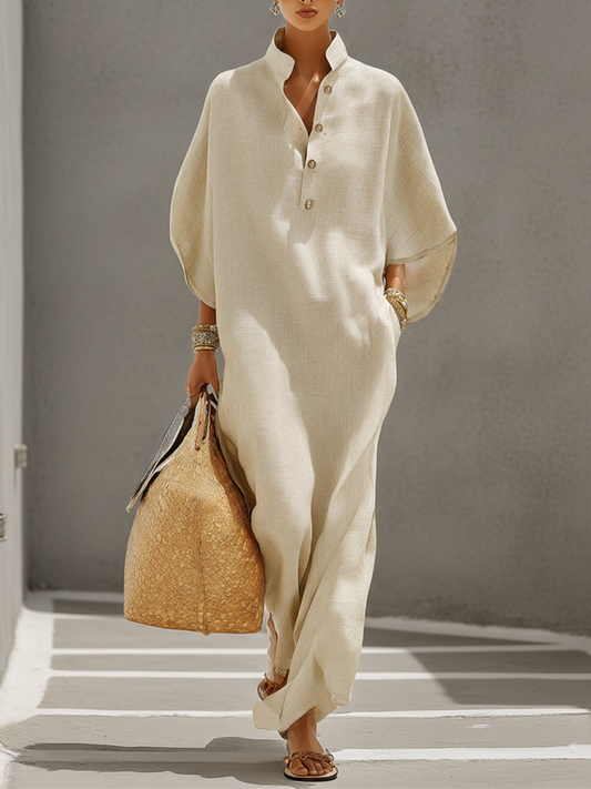 Calista | Mandarin Collar Linen Maxi Dress