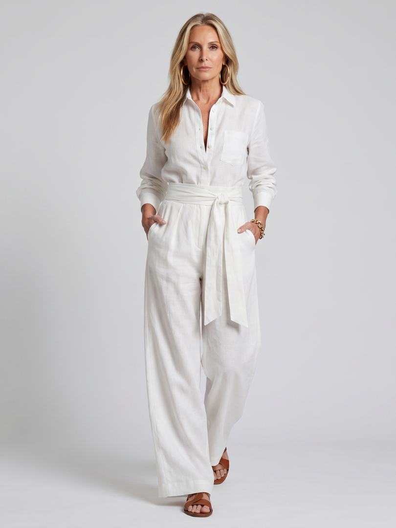 Victorine | Long Sleeve Button-Front Wide-Leg Jumpsuit