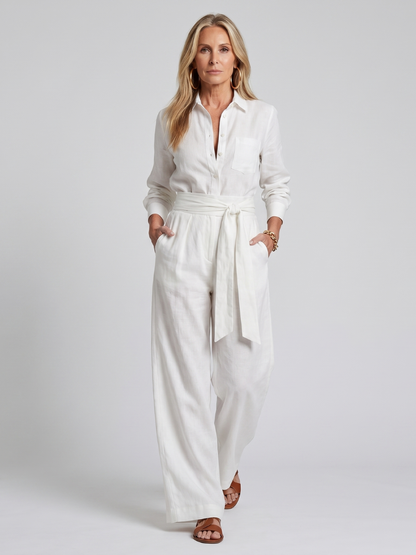 Victorine | Long Sleeve Button-Front Wide-Leg Jumpsuit