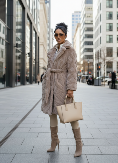 Vivienne | Belted Lapel Collar Faux Fur Coat