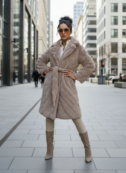 Vivienne | Belted Lapel Collar Faux Fur Coat