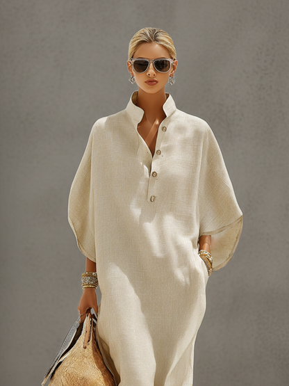 Calista | Mandarin Collar Linen Maxi Dress