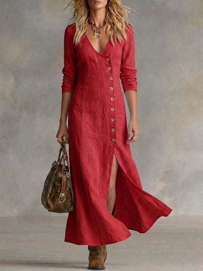 Helene | Women's Linen Button Front Maxi Dress