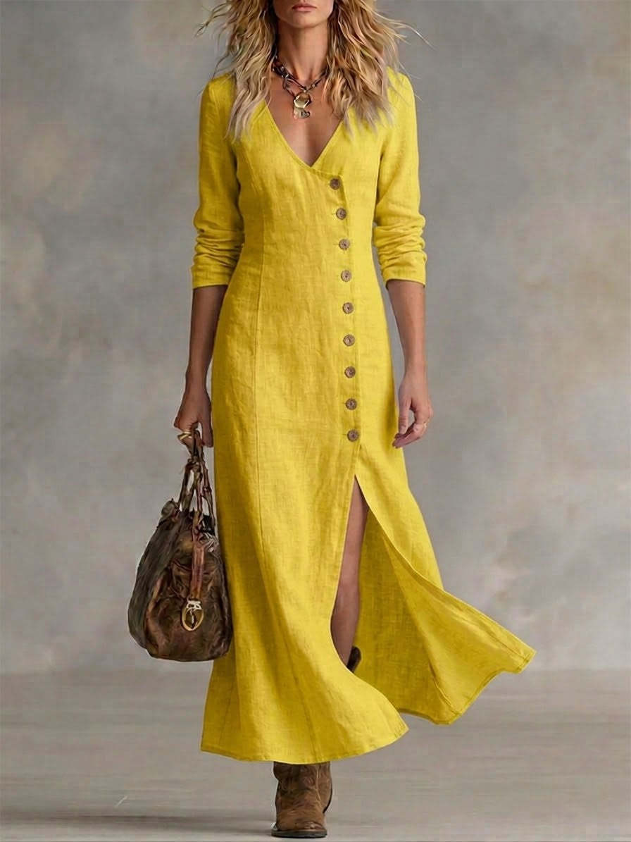 Helene | Women's Linen Button Front Maxi Dress