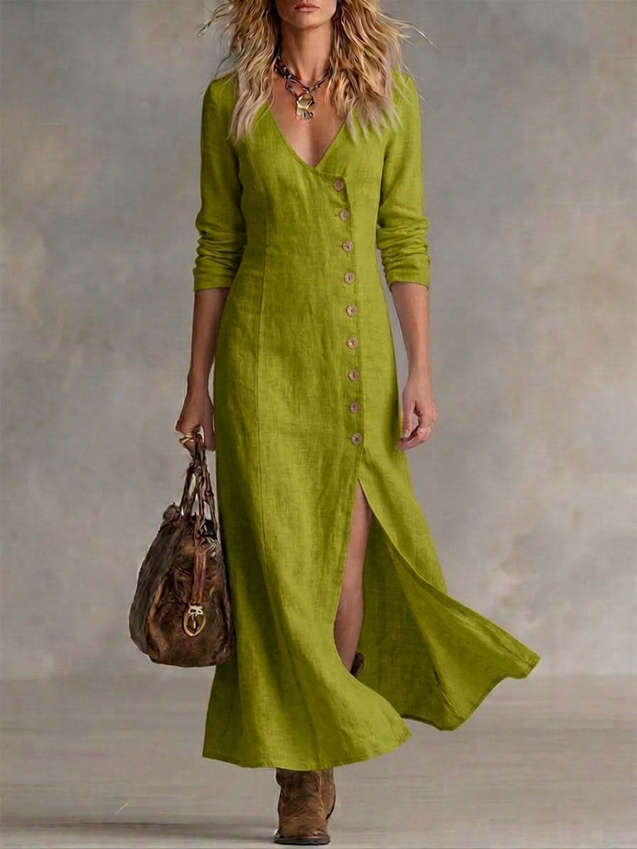 Helene | Women's Linen Button Front Maxi Dress