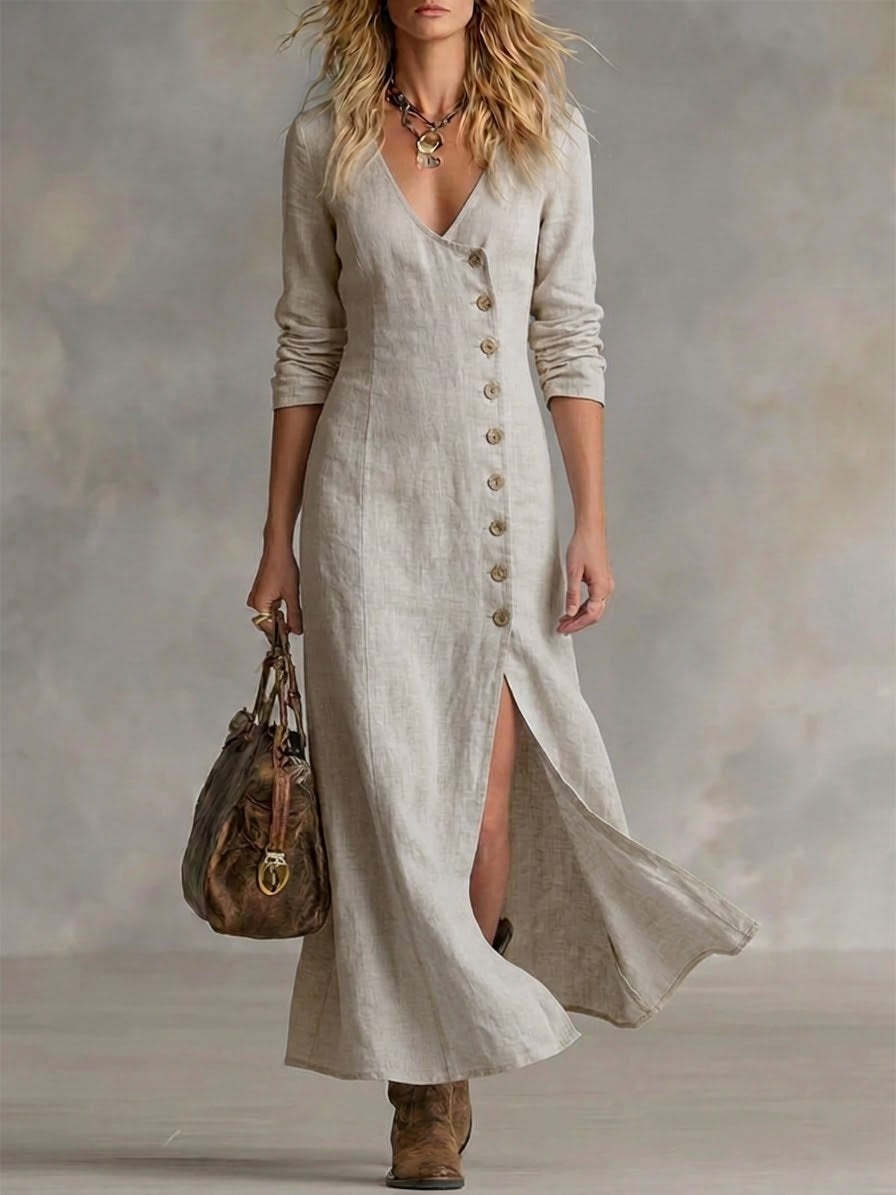Helene | Women's Linen Button Front Maxi Dress