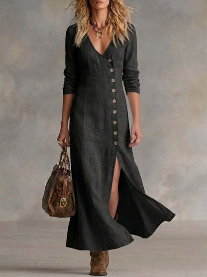 Helene | Women's Linen Button Front Maxi Dress