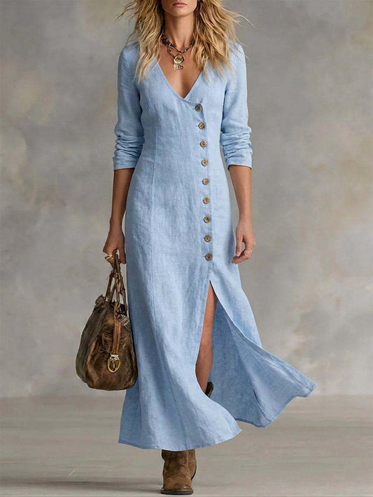 Helene | Women's Linen Button Front Maxi Dress